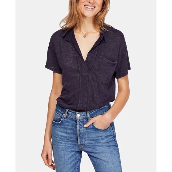 We the Free by FP The Posh Polo Tee Linen Blend Purple XS - Picture 2 of 9